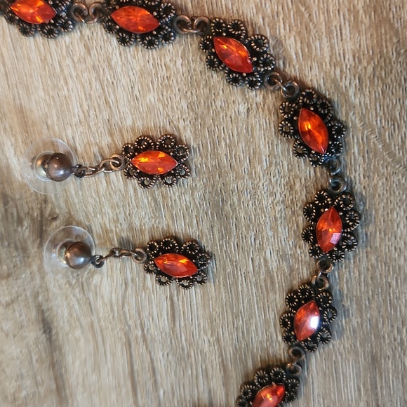 Jewelry - Vintage Bronze and Orange Stone Necklace and Earrings
